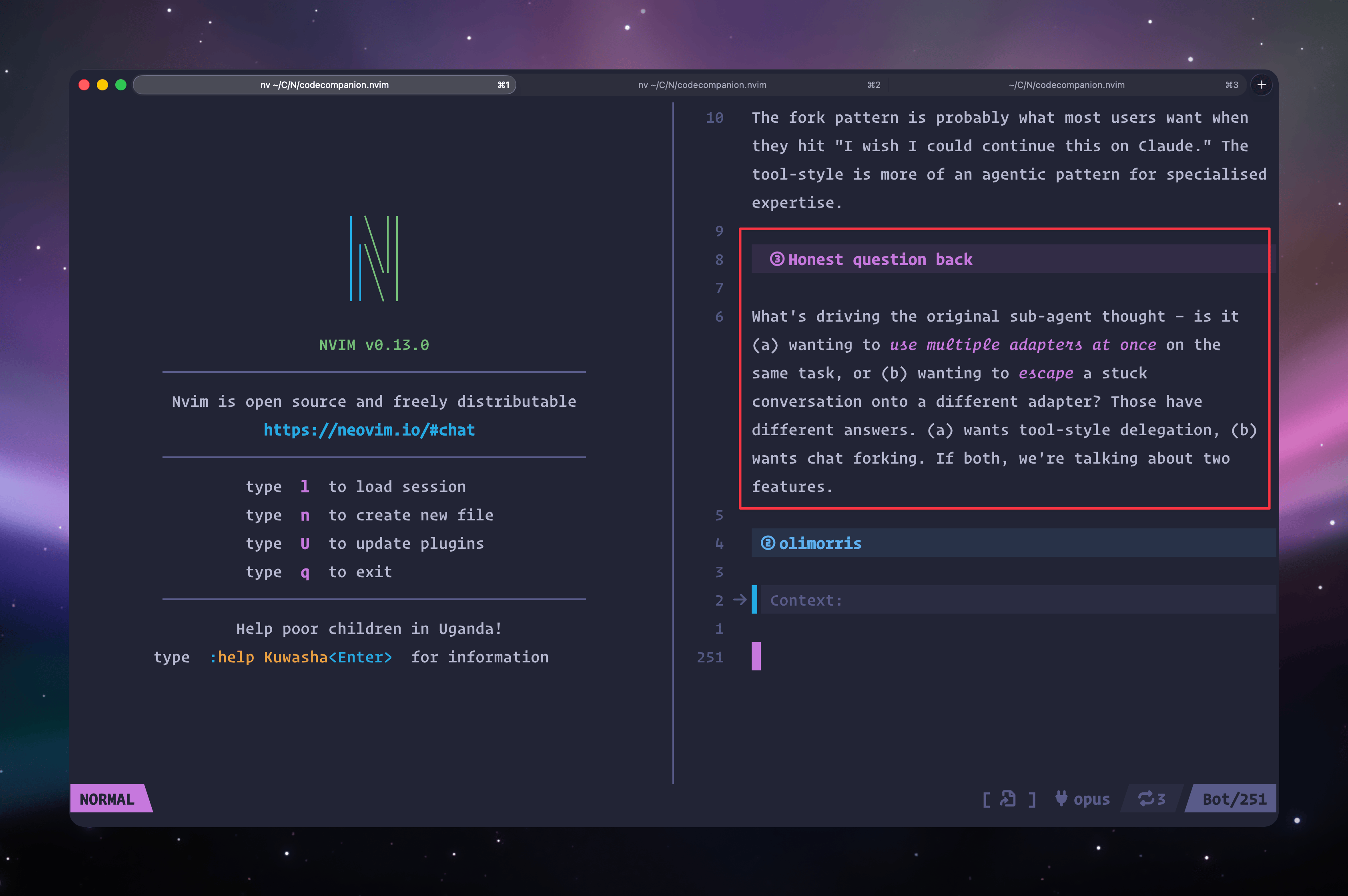 Screenshot of CodeCompanion and the PERSONAL.md impact